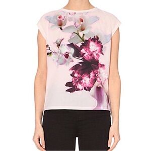 Ted Baker Cosita Floral Sheer Short Sleeve Shirt Blouse Ethereal Posie 4 / US 10